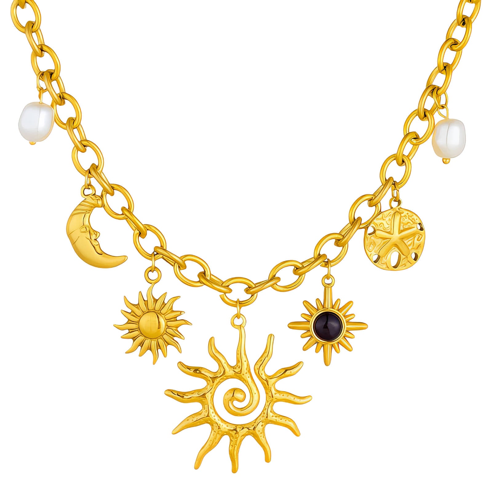 Gold Celestial Charm Necklace - Sun Moon & Stars
