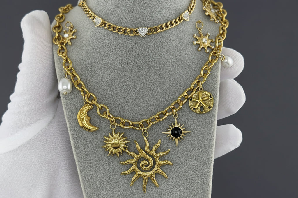 Gold Celestial Charm Necklace - Sun Moon & Stars