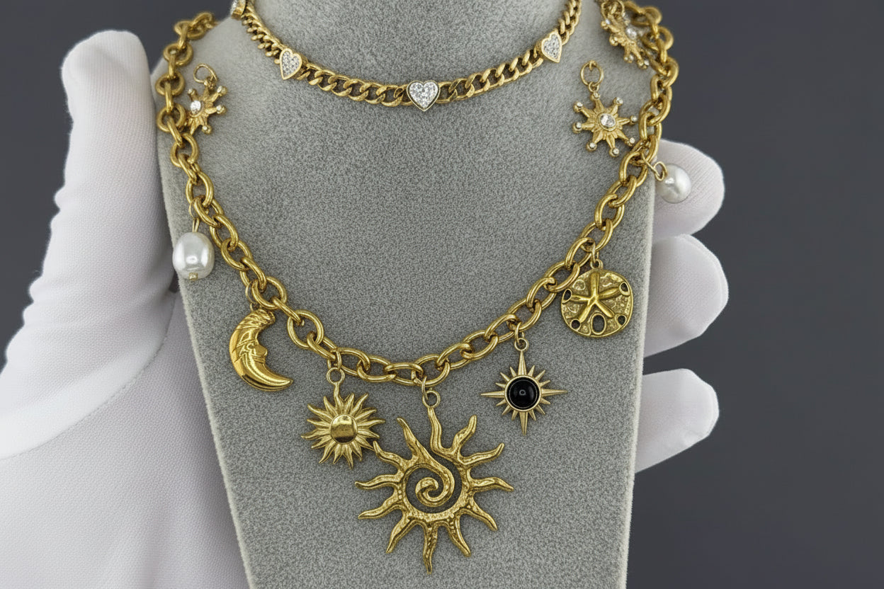Gold Celestial Charm Necklace - Sun Moon & Stars
