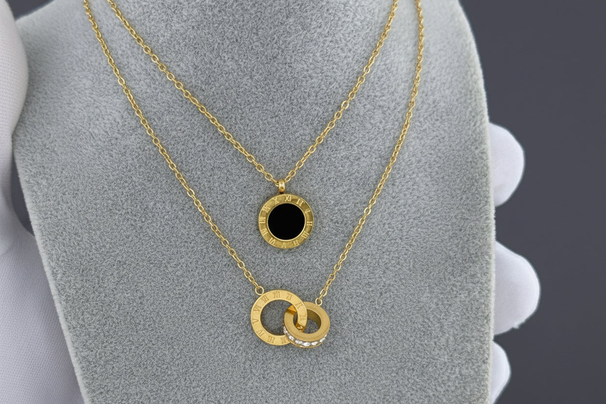 Gold Roman Numeral Interlocking Rings Necklace
