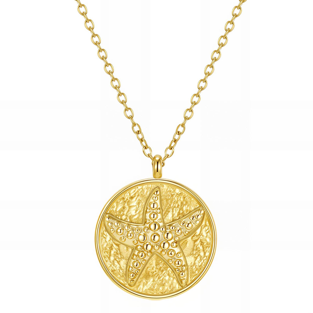 Gold Starfish Coin Necklace - Ocean Medallion Pendant