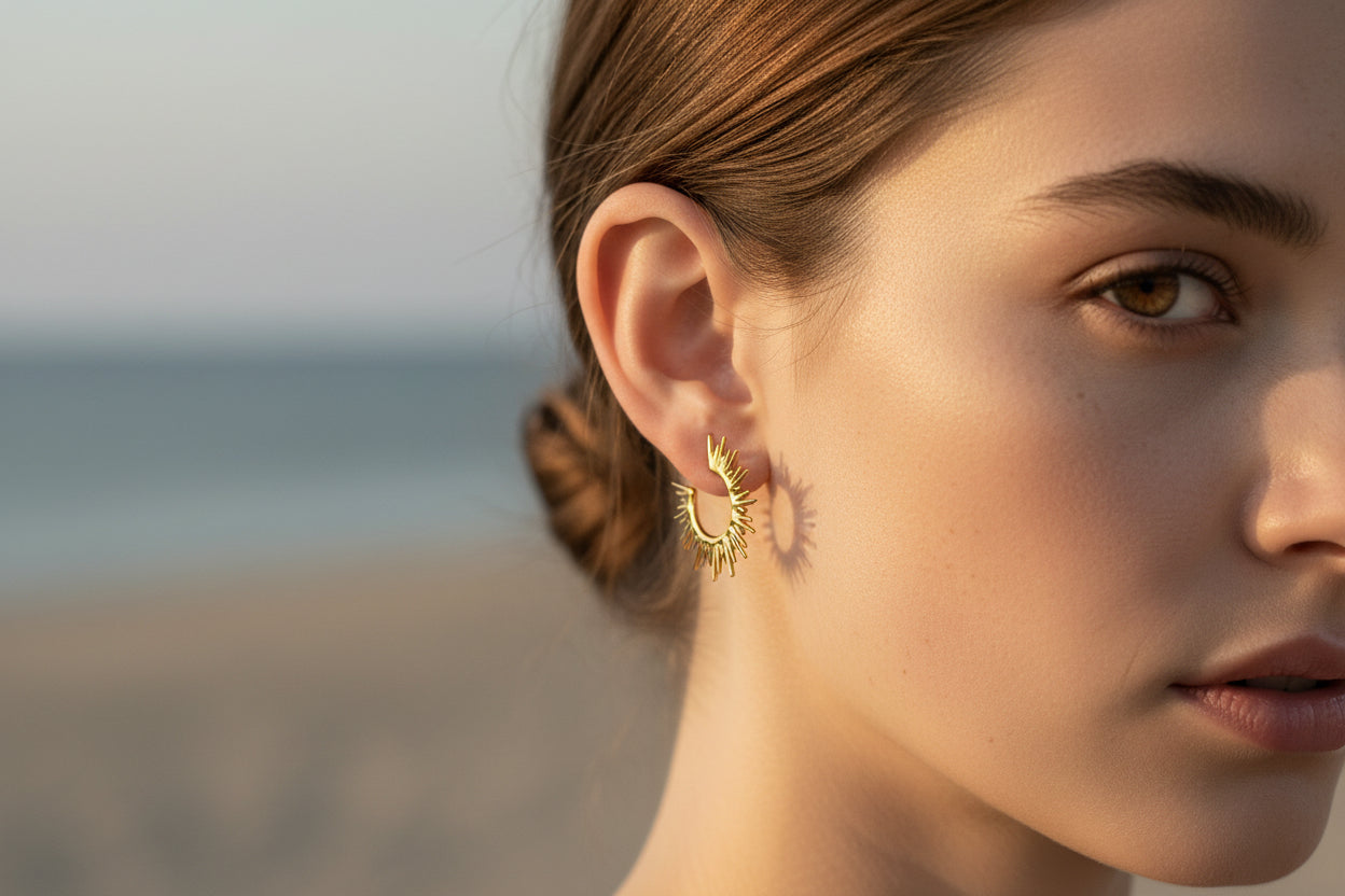 Gold Sunburst Hoop Earrings - Radiant Spike Design
