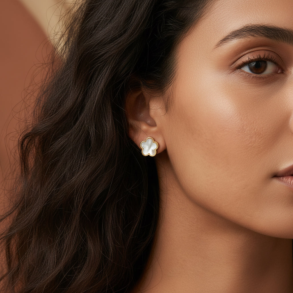 White Flower Stud Earrings - Clover Design