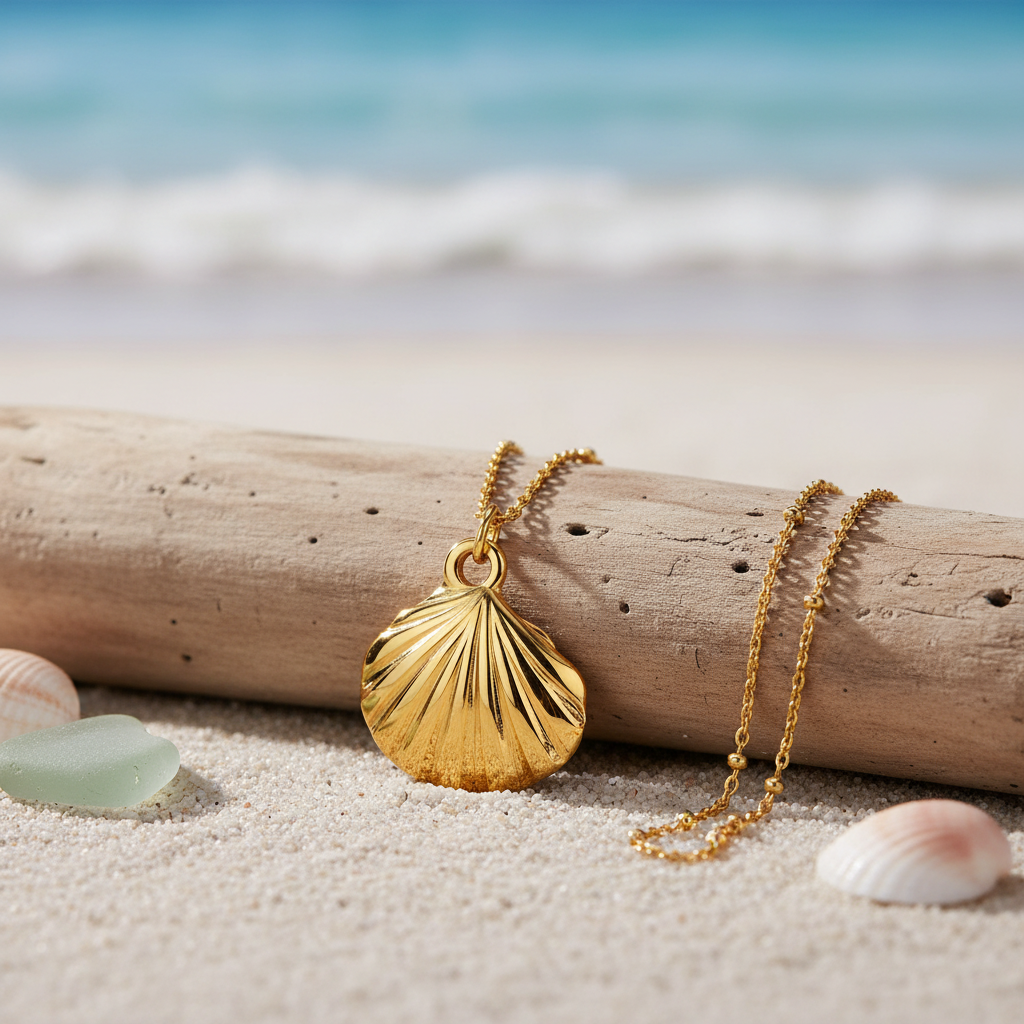 Gold Seashell Necklace in coastal beach setting
