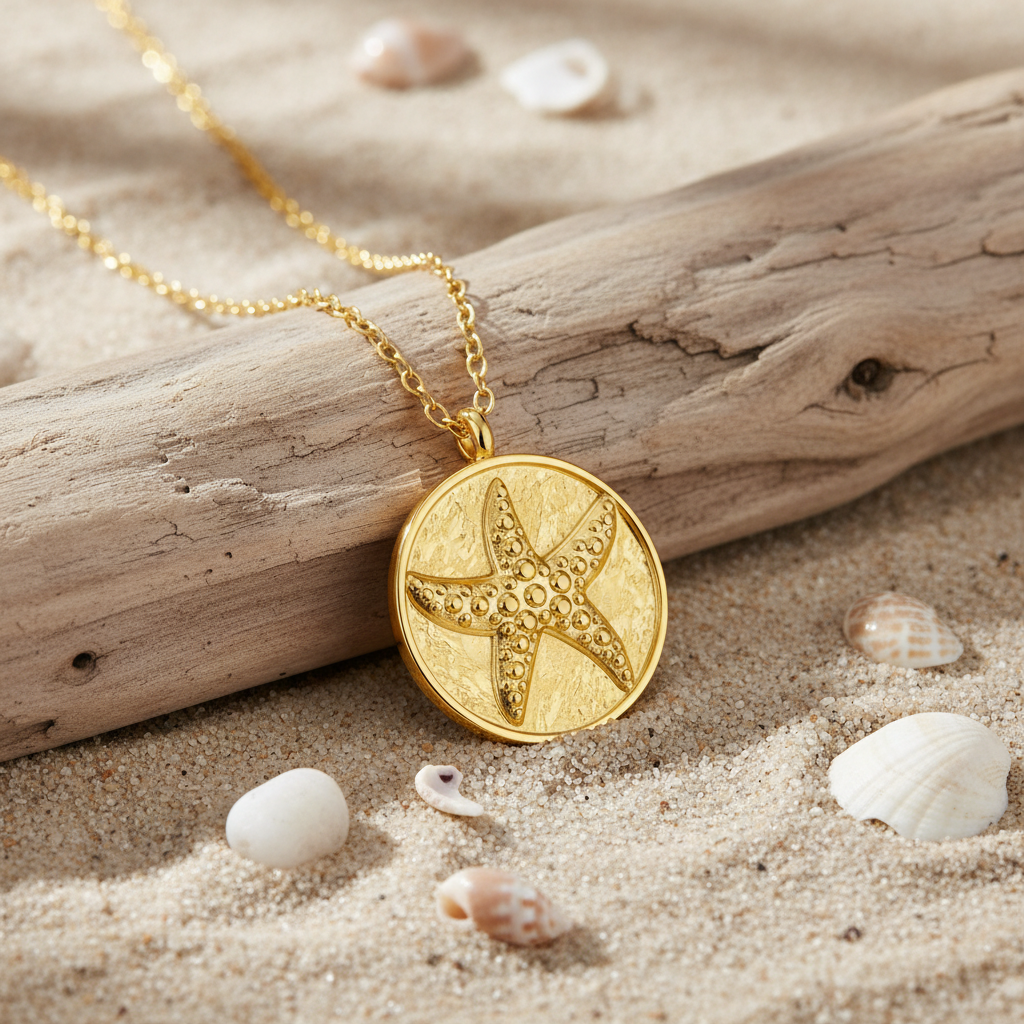 Gold Starfish Coin Necklace on driftwood coastal setting
