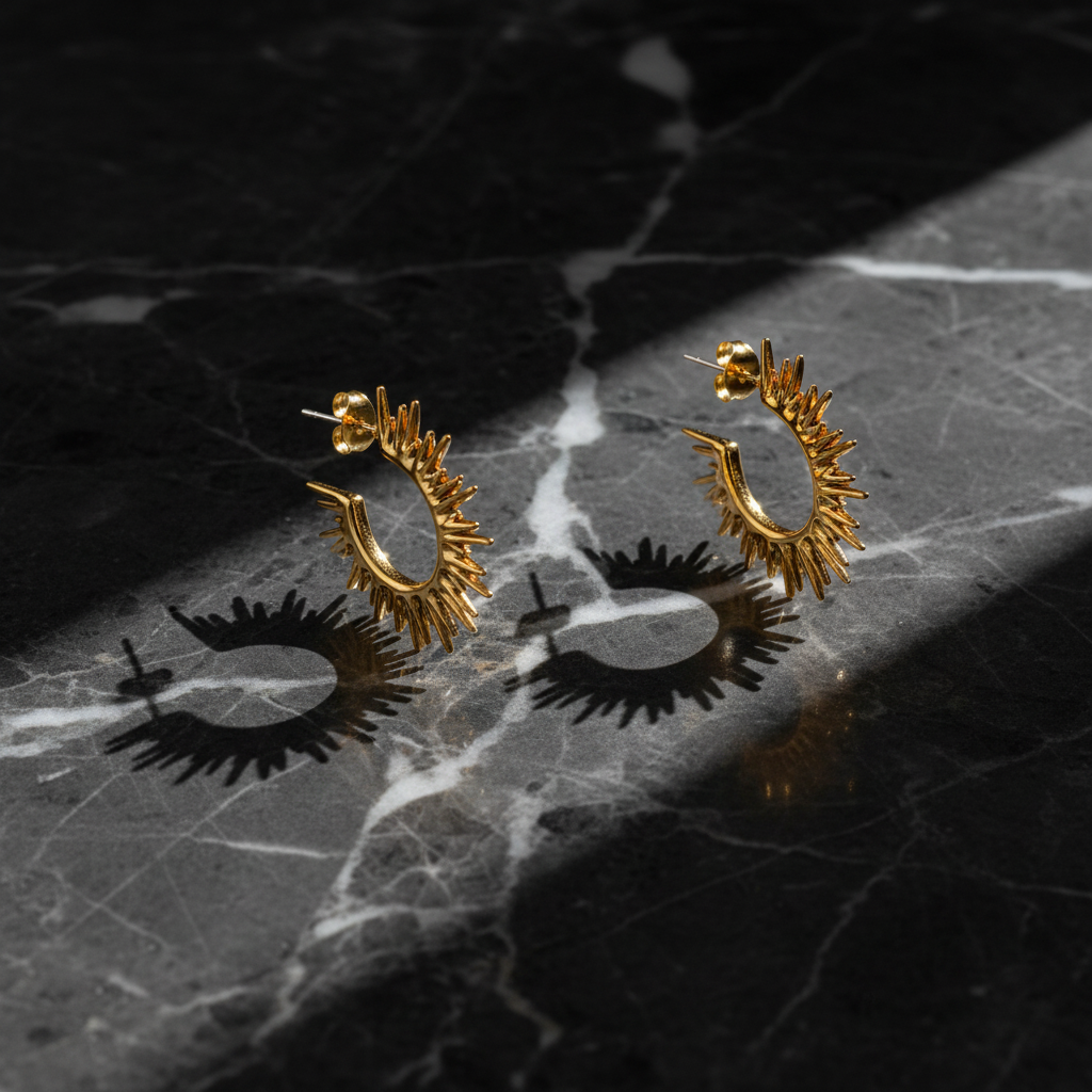 Gold Sunburst Hoop Earrings on clean marble surface